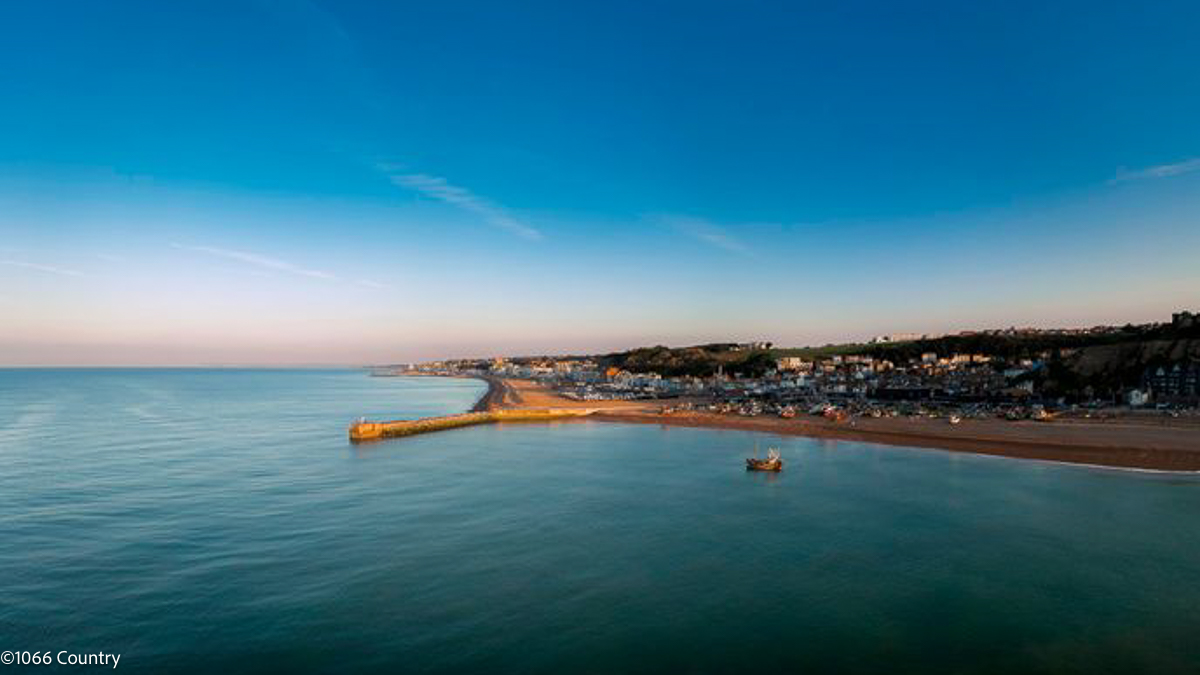 Ariel view Hastings Beach, bright blue sea